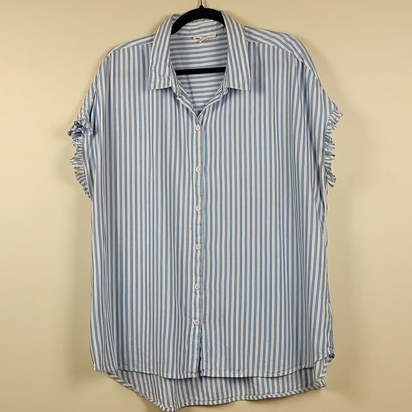 Beachlunchlounge Blue and White Striped Short Sleeve Button Front Blouse Size XL - Picture 1 of 11